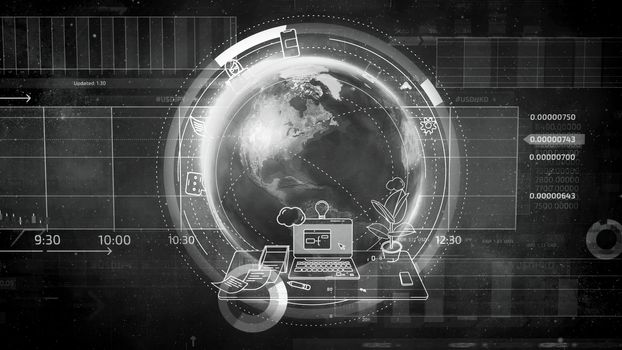 Black and white background with a globe and infographics about work and earning on the Internet.