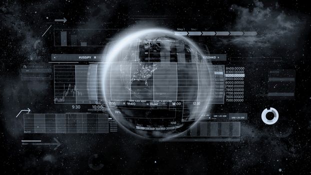 Black and white background with a globe and business data depicting the movement of global stock markets.