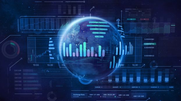 Illustration with globe in space and infographics on the subject of Global stock market.