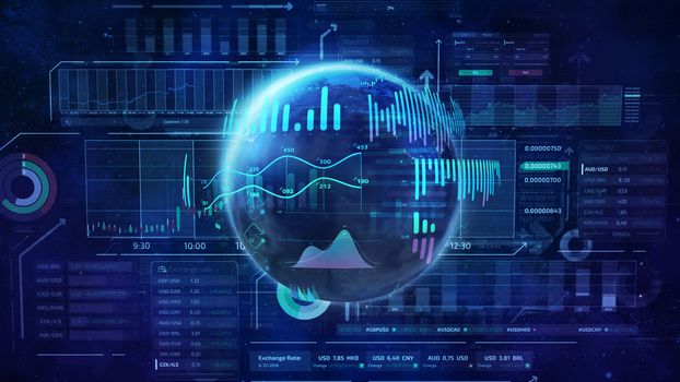 Illustration with a planet in space and infographics on the theme of Global stock market.