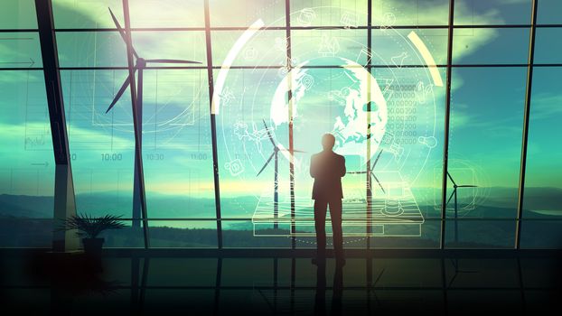 A male silhouette stands in an office with large windows overlooking the wind turbines and infographics on Wind Farm Construction.