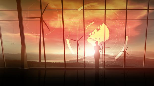A female silhouette is standing in the office with large windows overlooking the wind power plants, and in front of it is a virtual infographic at sunset background.