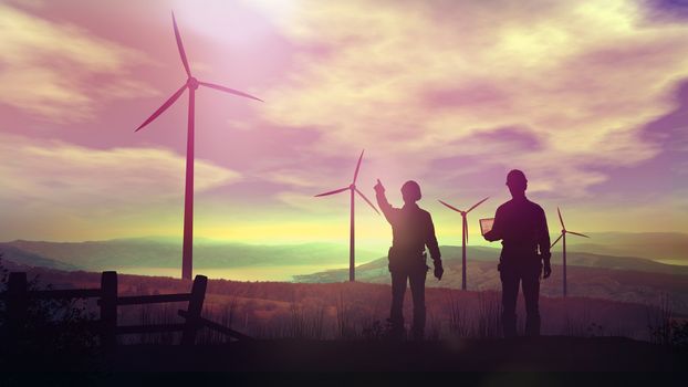 At sunset two silhouettes of construction engineers looking from a hill at the wind power station.