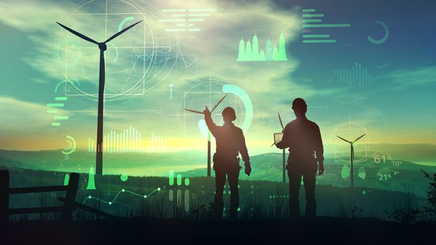 Silhouettes of engineers against the backdrop of sunset and wind farms, while infographics are visible in augmented reality.