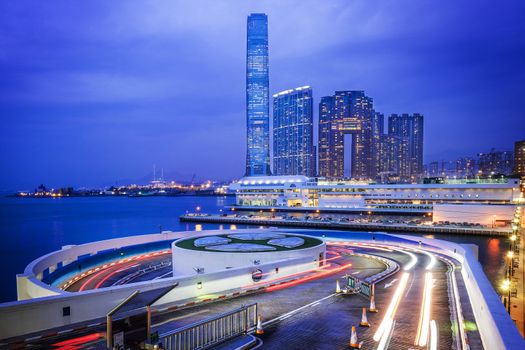 Night view traffic in Hong Kong at sunset time