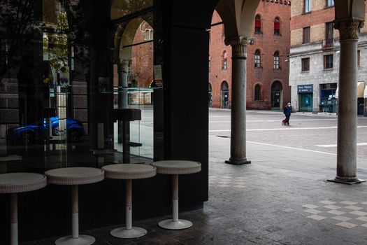 Cremona, Lombardy, Italy - April 30 th - May 1st 2020 - closed bars  and general commerce  during coronavirus lockdown and economic crisis. Italian signs