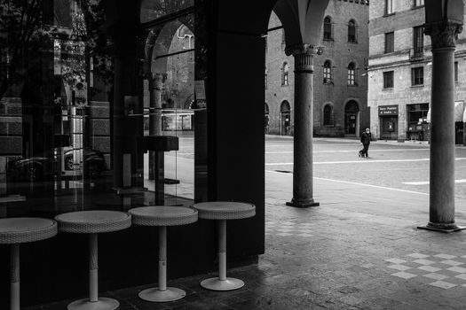 Cremona, Lombardy, Italy - April 30 th - May 1st 2020 - closed bars  and general commerce  during coronavirus lockdown and economic crisis. Italian signs