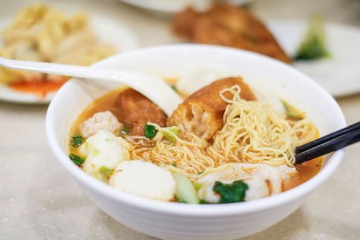 Noodle and dumpling close up in Hong Kong 