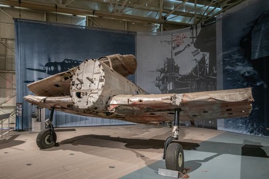 Oahu, Hawaii, USA. - January 10, 2020: Pearl Harbor Aviation Museum. Japanese airplane called zero wreck in hangar.