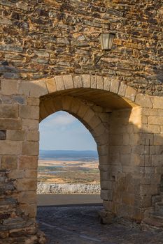 View of the town gate in the historic village, in Monsaraz, Portugal