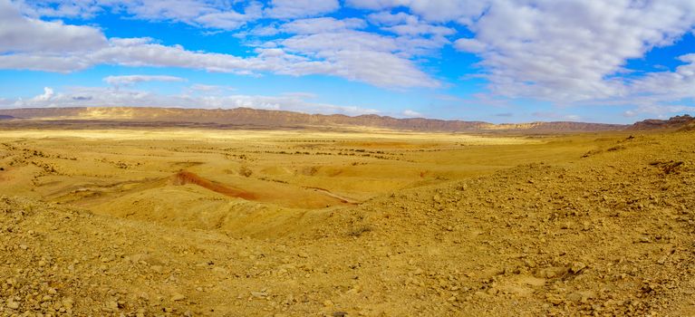 Panoramic landscape of Makhtesh (crater) Ramon (from mount Ardon), in the Negev Desert, Southern Israel. It is a geological landform of a large erosion cirque