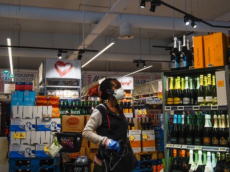 Cremona, Lombardy, Italy - May  5 6 7  2020 -people at the supermarket for grocery shopping during outbreak phase 2 and economic crisis