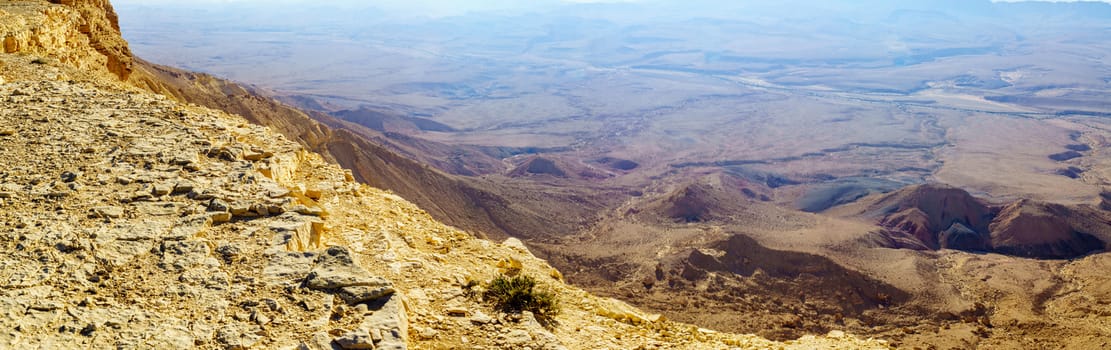 Panoramic landscape of Makhtesh (crater) Ramon, in the Negev Desert, Southern Israel. It is a geological landform of a large erosion cirque