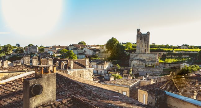 Saint Emilion Near Bordeaux, France - May 25, 2017 : aerial view of the city whose specialty is fine wine production on a spring day