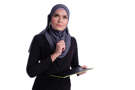 Lifestyle of attractive Muslim business woman with tablet. Effective, active, innovative with growth of finance conceptual