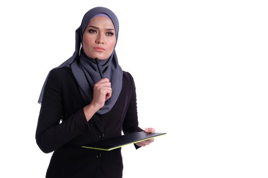 Lifestyle of attractive Muslim business woman with tablet. Effective, active, innovative with growth of finance conceptual