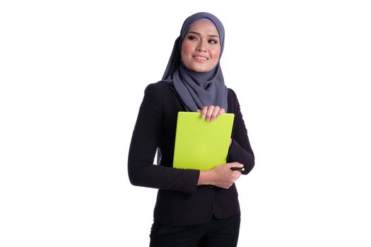 Lifestyle of attractive Muslim business woman with tablet. Effective, active, innovative with growth of finance conceptual