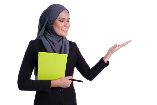 Lifestyle of attractive Muslim business woman with tablet. Effective, active, innovative with growth of finance conceptual