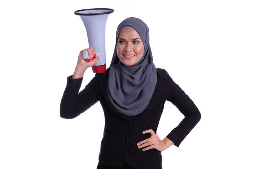 Communication and advertisement conceptual. Young muslim business woman hold megaphone