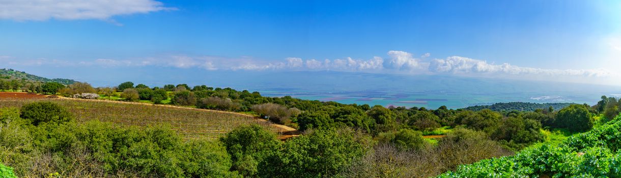 Panoramic view of landscape and countryside in the Hula Valley from the Galilee, northern Israel