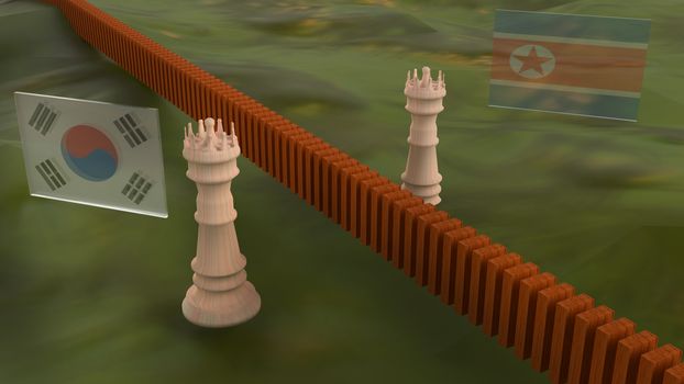 The chess on map north Korea and south Korea flags   3d rendering for  border content.

