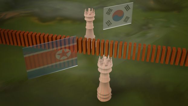 The chess on map north Korea and south Korea flags   3d rendering for  border content.
