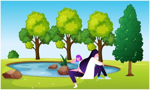Girls are sitting in a park