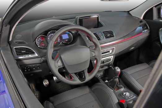 studio shot passenger car interior, front view