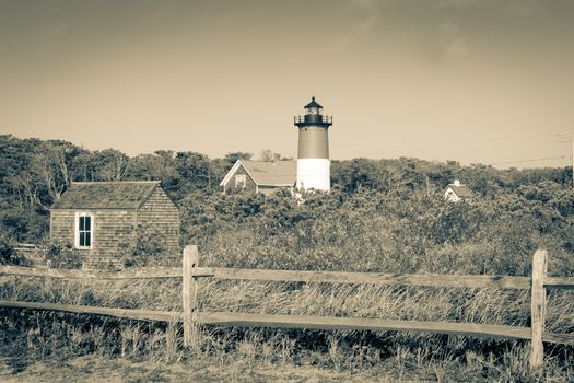 Nauset Beach,  lighthouse sepia toned vintage effect Cape Cod, USA.