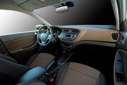 studio shot passenger car interior, front view