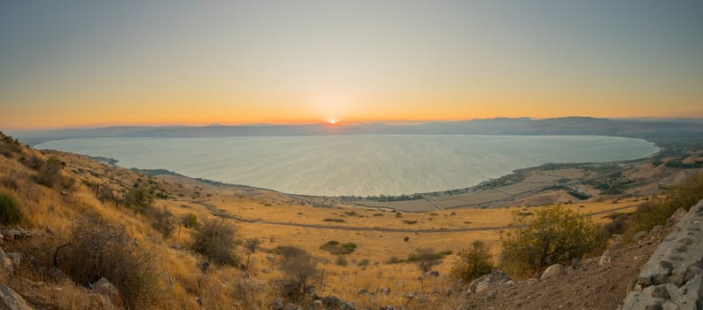 Panoramic view of the Sea of Galilee (the Kinneret lake), from the east, at sunset, Northern Israel