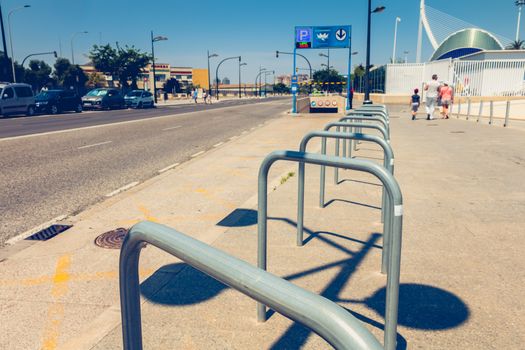 Valencia, Spain - June 17, 2017: entrance to the oceanografic car park, at marine complex in Valencia in front of which people walk on a summer day