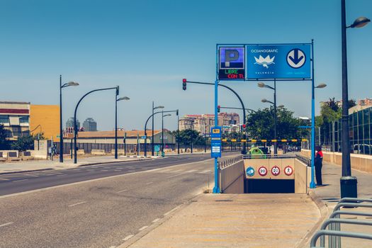 Valencia, Spain - June 17, 2017: entrance to the oceanografic car park, at marine complex in Valencia in front of which people walk on a summer day