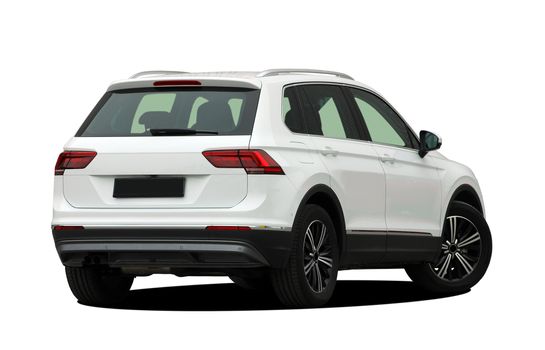 white SUV on a white background, back view
