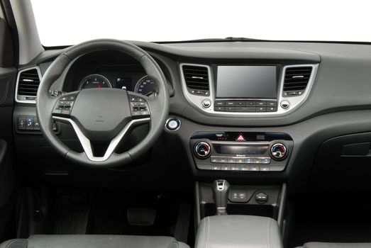 studio shot passenger car interior, front view