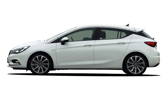 white car on white background, car side view