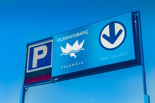 Valencia, Spain - June 17, 2017: entrance to the oceanografic car park, at marine complex in Valencia in front of which people walk on a summer day