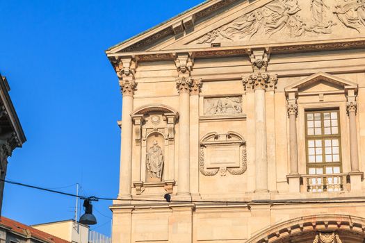 Milan, Italy - November 3, 2017: Architectural detail of the San Fedele Church in Milan on a fall day, Italian Jesuit Catholic religious building