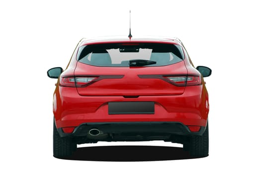 red hatchback on white background, back view