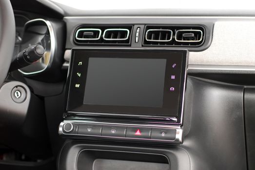 Modern car dashboard. Screen multimedia system. Interior detail