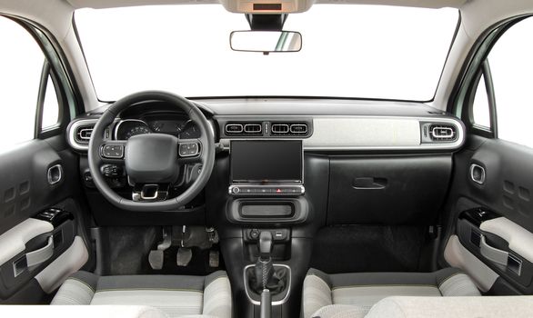 studio shot passenger car interior, front view