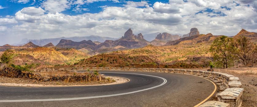 winding road in Semien, Simien Mountains National Park landscape in Northern Ethiopia. Africa countryside wilderness, Sunny day with blue sky