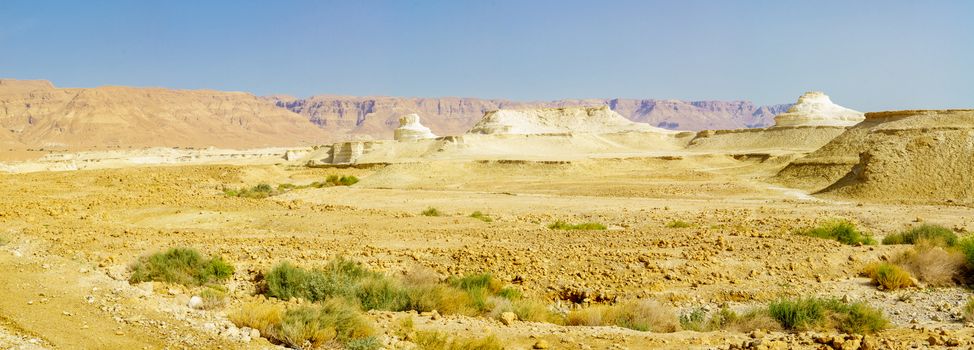 Panoramic view of landscape and rock formation in the Judean Desert, near the Dead Sea and Masada, Southern Israel