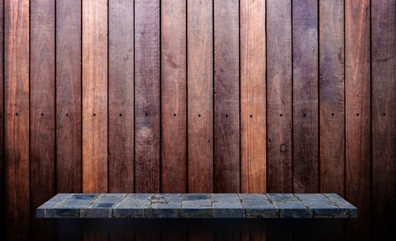 empty stone shelf on wooden wall for product display