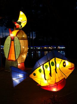 KAOHSIUNG, TAIWAN - FEBRUARY 18, 2014: Colorful lanterns are displayed on the banks of the Love River during the 2014 Kaohsiung Lantern Festival 