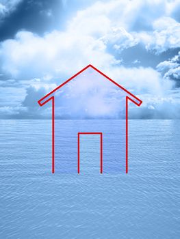 Outline of a small house against a calm sea with cloudy sky - Concept image with copy space