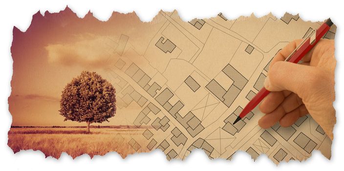 Hand drawing an imaginary cadastral map of territory with a tree on background - Retro style concept image with recycled cardboard.