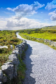 Typical Irish flat landscape in Aran Island with country road, stone walls and fields of grass for grazing animals (Ireland) - People are not recognizable