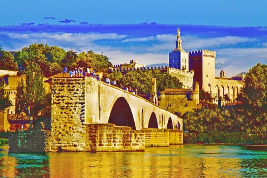 Avignon city with the ancient broken medieval bridge of Saint Benezet (Europe-France-Provence) - Art toned image with brushstrokes effect.