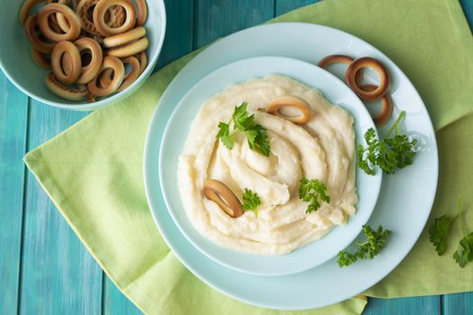 Mashed potato with russian bublik, top view, flat lay